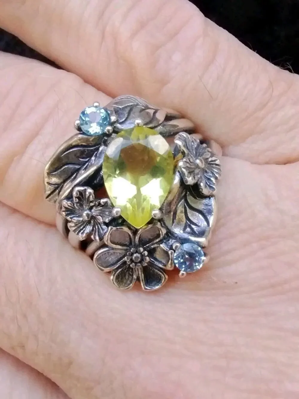 OR PAZ STERLING 925 FLORAL LEMON QUARTZ & BLUE TOPAZ GEMSTONE RING Sz 9.25